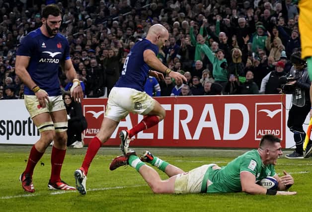 Ireland's Dan Sheehan scores their side's fourth try in the win over France Pic: Andrew Matthews/PA Wire.