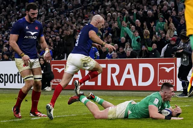 Ireland's Dan Sheehan scores their side's fourth try in the win over France Pic: Andrew Matthews/PA Wire.