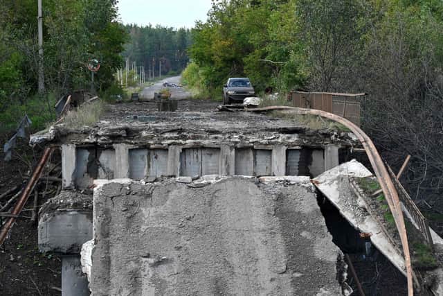 A view of a destroyed bridge not far from city of Balakliya, Kharkiv region. Picture: Sergey Bobok/AFP via Getty Images