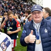 Falkirk manager John McGlynn celebrates following the 2-2 draw with Alloa Athletic that secured an unbeaten league campaign for the League One champions ahead of the trophy presentation. (Photo by Mark Scates / SNS Group)