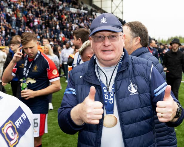 Falkirk manager John McGlynn celebrates following the 2-2 draw with Alloa Athletic that secured an unbeaten league campaign for the League One champions ahead of the trophy presentation. (Photo by Mark Scates / SNS Group)