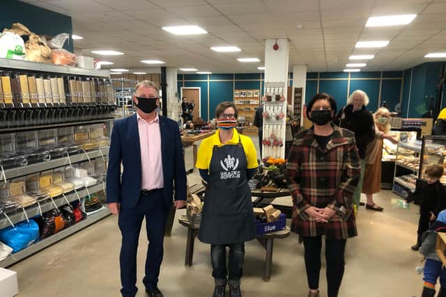 From left to right, David Torrance MSP, Louise Humpington, and Cllr Zoe Hisbent at the grand opening of Grain and Sustain.