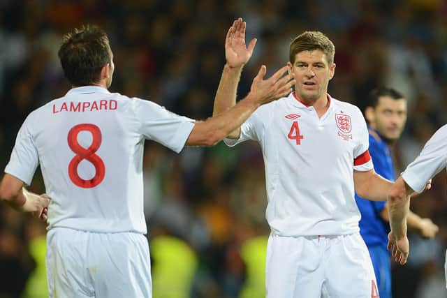 Frank Lampard celebrates with Steven Gerrard after scoring for England against Moldova in a World Cup qualifier in Chisinau in September 2012. (Photo by Michael Regan/Getty Images)