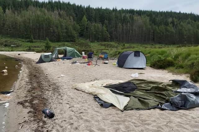 Photo issued by Forestry and Land Scotland of litter and abandoned tents at Loch Grannoch on 8 July 2020. Picture: Forestry and Land Scotland/PA Wire
