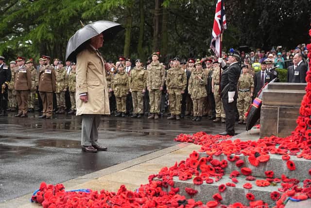 King Charles III during a minute silence after laying a wreath at Kirkcaldy War Memorial. Picture: Aaron Chown/PA Wire