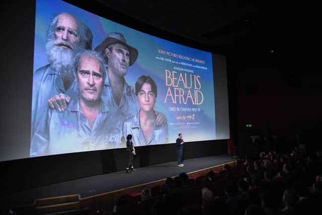 LONDON, ENGLAND - APRIL 27: Anna Bogutskaya and director Ari Aster on stage during the London Q&A screening of "Beau is Afraid" at Picturehouse Central Cinema on April 27, 2023 in London, England. In UK cinemas 19 May 2023. (Photo by Eamonn M. McCormack/Getty Images for Sony Pictures Releasing UK)