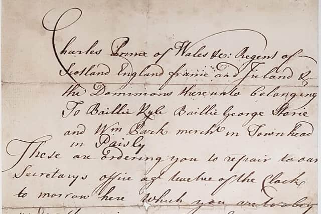 A copy of the summons issued to Paisley Magistrates in December 1745. PIC: Paisley Museum.