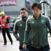 Celtic's Tomoki Iwata arrives ahead of a cinch Premiership match between Celtic and Motherwell at Celtic Park, on April 22, 2023, in Glasgow, Scotland. (Photo by Craig Williamson / SNS Group)