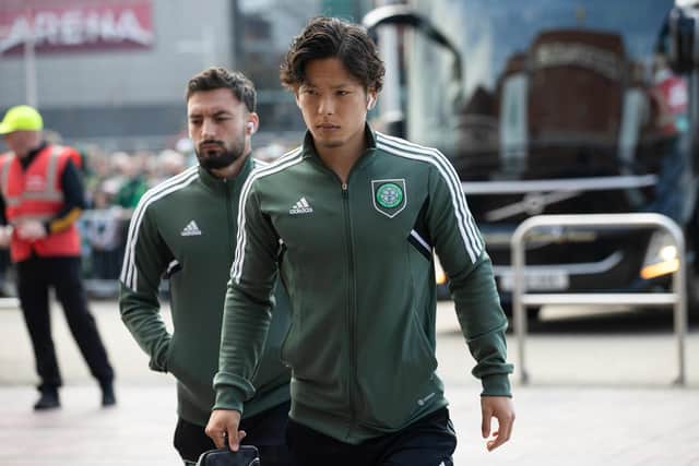 Celtic's Tomoki Iwata arrives ahead of a cinch Premiership match between Celtic and Motherwell at Celtic Park, on April 22, 2023, in Glasgow, Scotland. (Photo by Craig Williamson / SNS Group)