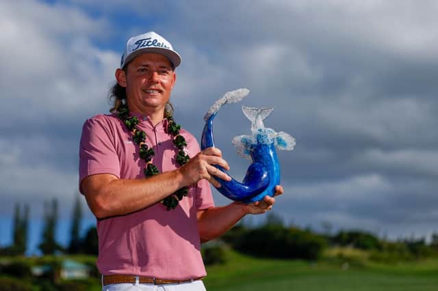 Cameron Smith celebrates after winning the PGA Tour's Sentry Tournament of Champions with a record score at Kapalua Golf Club in Hawaii. Picture: Cliff Hawkins/Getty Images.