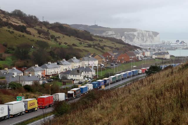 Lorries queue for The Port of Dover along the A20 in Kent. Discussions are taking place around setting up a lorry park in Dumfries and Galloway to avoid similar queues in Scotland. Picture: PA