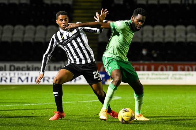 Celtic's Odsonne Edouard and Ethan Erhahon battle for possession when the sides met at St Mirren Park earlier in the season. Picture: SNS