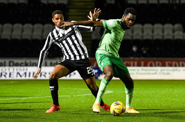 Celtic's Odsonne Edouard and Ethan Erhahon battle for possession when the sides met at St Mirren Park earlier in the season. Picture: SNS