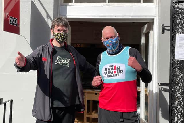 Simon Williams with Ian Rankin having just completed the Meadows virtual 10k.