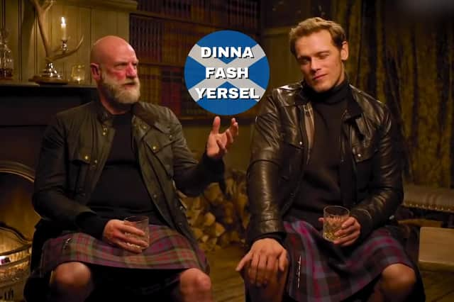 Sam Heughan (Jamie Fraser) and Graham McTavish (Dougal MacKenzie) enjoying some playful banter on the set of "Men in Kilts".