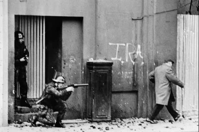 British army soldiers patrolling in the Bogside quarter of the city of Derry in 1971. Picture: Getty