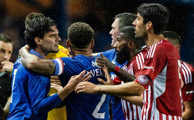Rangers' Ianis Hagi argues with Olympiakos' Andreas Bouchalakis during a pre-season friendly at Ibrox.