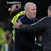 Livingston manager David Martindale shakes hands with Celtic boss Ange Postecoglou at full time. (Photo by Craig Williamson / SNS Group)