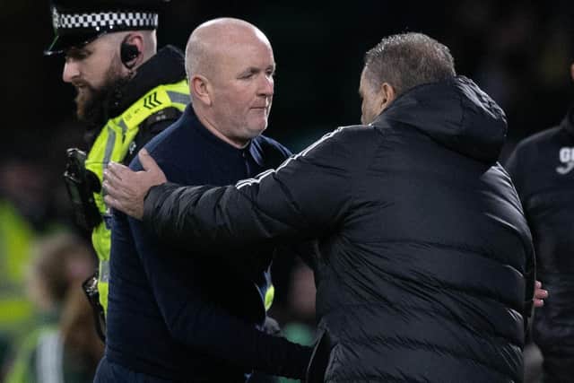 Livingston manager David Martindale shakes hands with Celtic boss Ange Postecoglou at full time. (Photo by Craig Williamson / SNS Group)