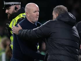 Livingston manager David Martindale shakes hands with Celtic boss Ange Postecoglou at full time. (Photo by Craig Williamson / SNS Group)