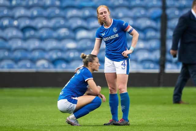 Rangers' Hannah Davidson (L) and Kathryn Hill look dejected after the defeat to Glasgow City. (Photo by Paul Devlin / SNS Group)