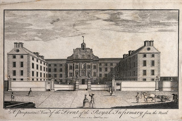 This historical engraving shows the Royal Infirmary of Edinburgh, which opened in 1879, back in the day,