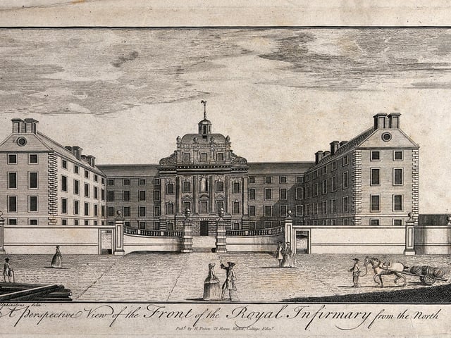 This historical engraving shows the Royal Infirmary of Edinburgh, which opened in 1879, back in the day,