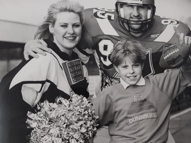 Spreading the Claymores message at Kirkcaldy Station is player Don Edmonson, who also played with Fife 49ers. 
He is pictured with cheerleader Ruth Hunter Pepper and Marc Anderson, a P7 pupil at Dunnikier Primary School in Kirkcaldy.