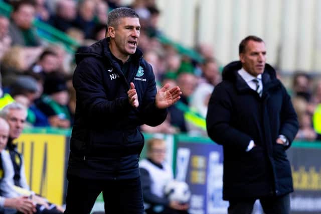 Hibs manager Nick Montgomery encourages his players during the goalless draw with Celtic. (Photo by Craig Williamson / SNS Group)