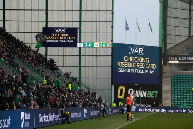 VAR intervened which saw Kyle Vassell sent off. (Photo by Ross Parker / SNS Group)