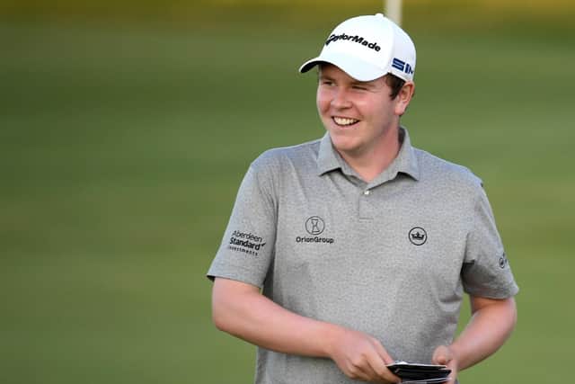 Bob Macintyre reacts on the 18th green after carding a six-under-par 65 in the first round to lead the Aphrodite Hills Cyprus Showdown. Picture: Ross Kinnaird/Getty Images