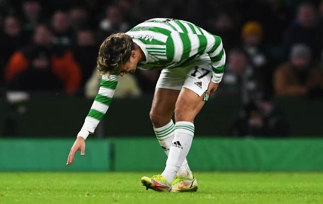 Celtic's Jota pulls up with a hamstring injury during the club's win over Hearts, during which Anthony Ralston and Stephen Welsh were also lost to hamstring and ankle issues, respectively. And Ange Postecoglou fears more losses over the December glut of games. (Photo by Craig Foy / SNS Group)