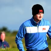 Sandy Scott of GB & Ireland celebrates holing a putt during the 2019 Walker Cup at Royal Liverpool Golf Club. Picture: Richard Martin-Roberts/R&A/R&A via Getty Images.