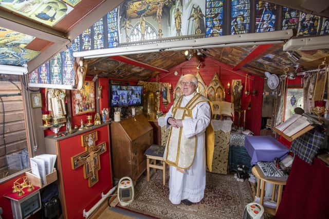 Father Len Black in his shed, the Oratory of St Joseph, in Inverness (Picture: Katielee Arrowsmith/PA Wire)