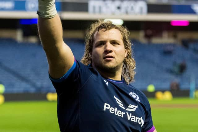 Pierre Schoeman celebrates Scotland's win over Australia in the Autumn Nations Series. (Photo by Ross Parker / SNS Group)