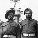 Three British Indian Army soldiers, pictured outside Buckingham Palace in 1945, after receiving their Victoria Cross medals for bravery during the Second World War (Picture: Keystone/Getty Images)