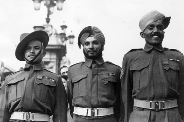 Three British Indian Army soldiers, pictured outside Buckingham Palace in 1945, after receiving their Victoria Cross medals for bravery during the Second World War (Picture: Keystone/Getty Images)