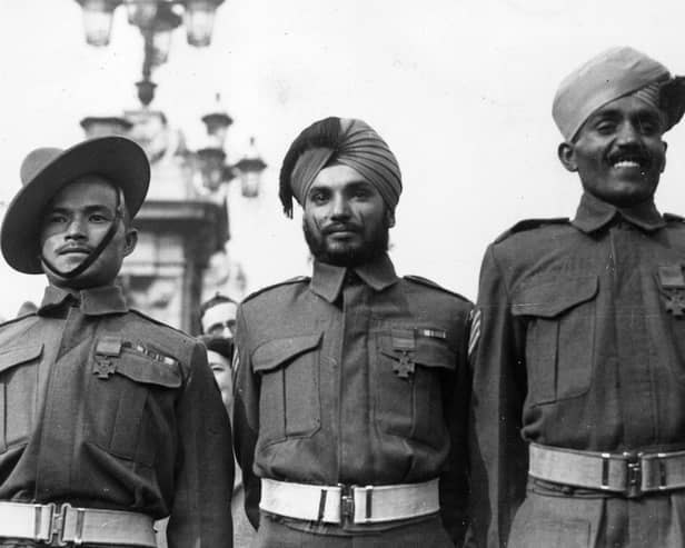 Three British Indian Army soldiers, pictured outside Buckingham Palace in 1945, after receiving their Victoria Cross medals for bravery during the Second World War (Picture: Keystone/Getty Images)