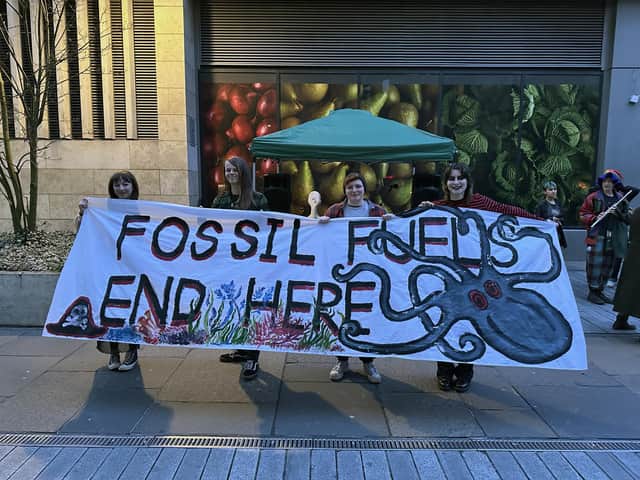 Protesters calling for an end to the fossil fuel industry, demonstrate outside the Scottish Energy Forum annual dinner at the Edinburgh International Conference Centre.