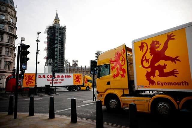Several lorries from Scottish seafood suppliers D.R. Collin & Son have also been photographed driving past the Houses of Parliament. (Photo by TOLGA AKMEN/AFP via Getty Images)