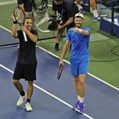 Jamie Murray and Bruno Soares celebrate after winning the men’s doubles semi-final at the US Open in New York. Picture: Seth Wenig/AP