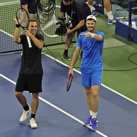 Jamie Murray and Bruno Soares celebrate after winning the men’s doubles semi-final at the US Open in New York. Picture: Seth Wenig/AP