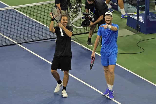 Jamie Murray and Bruno Soares celebrate after winning the men’s doubles semi-final at the US Open in New York. Picture: Seth Wenig/AP
