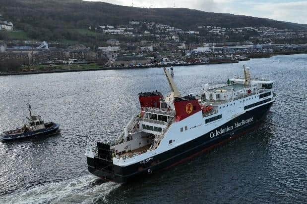 Glen Sannox accompanied by a tug on sea trials in the Clyde this week. (Photo by Steve McIntosh/HAWQ Drone Services)