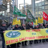 RMT members demonstrating outside Caledonian Sleeper operator Serco's offices in London. Picture: Cat Cray