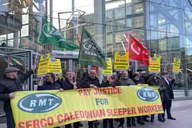 RMT members demonstrating outside Caledonian Sleeper operator Serco's offices in London. Picture: Cat Cray
