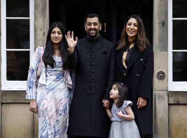 New First Minister Humza Yousaf poses with his wife, Nadia El-Nakla, step-daughter Maya, left, and daughter Amal at Bute House (Picture: Jeff J Mitchell/Getty Images)