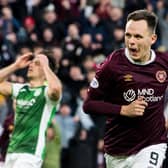 Hearts' Lawrence Shankland celebrates scoring his second goal in the 3-0 win over Hibs at Tynecastle.