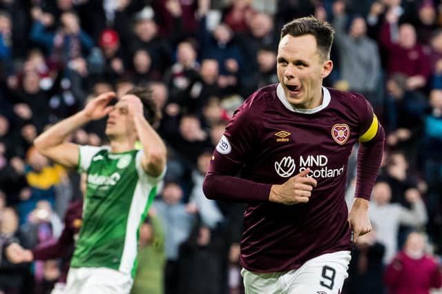Hearts' Lawrence Shankland celebrates scoring his second goal in the 3-0 win over Hibs at Tynecastle.