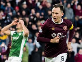 Hearts' Lawrence Shankland celebrates scoring his second goal in the 3-0 win over Hibs at Tynecastle.